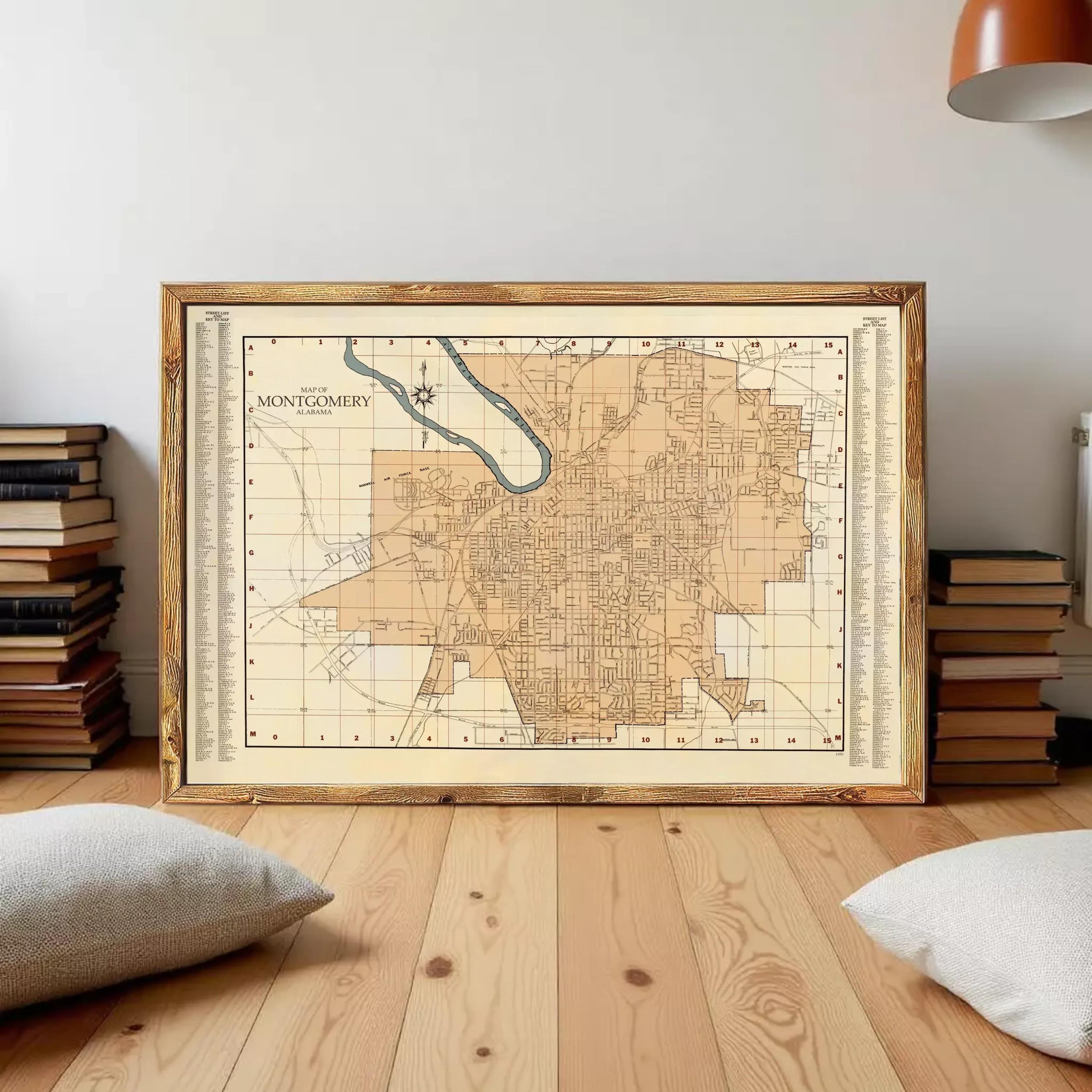 The image is a framed vintage map of Montgomery, Alabama, with a wooden frame.