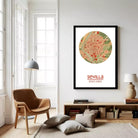 A framed map of the city of Seville, Spain, with the text "seville" and "37° 22' 59"°" below the map.