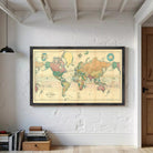 The image is a framed vintage world map depicting the continents and oceans in a color palette of green, yellow, and orange.