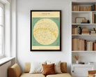The image is a framed vintage star map of the night sky, depicting various celestial objects and their relative positions.