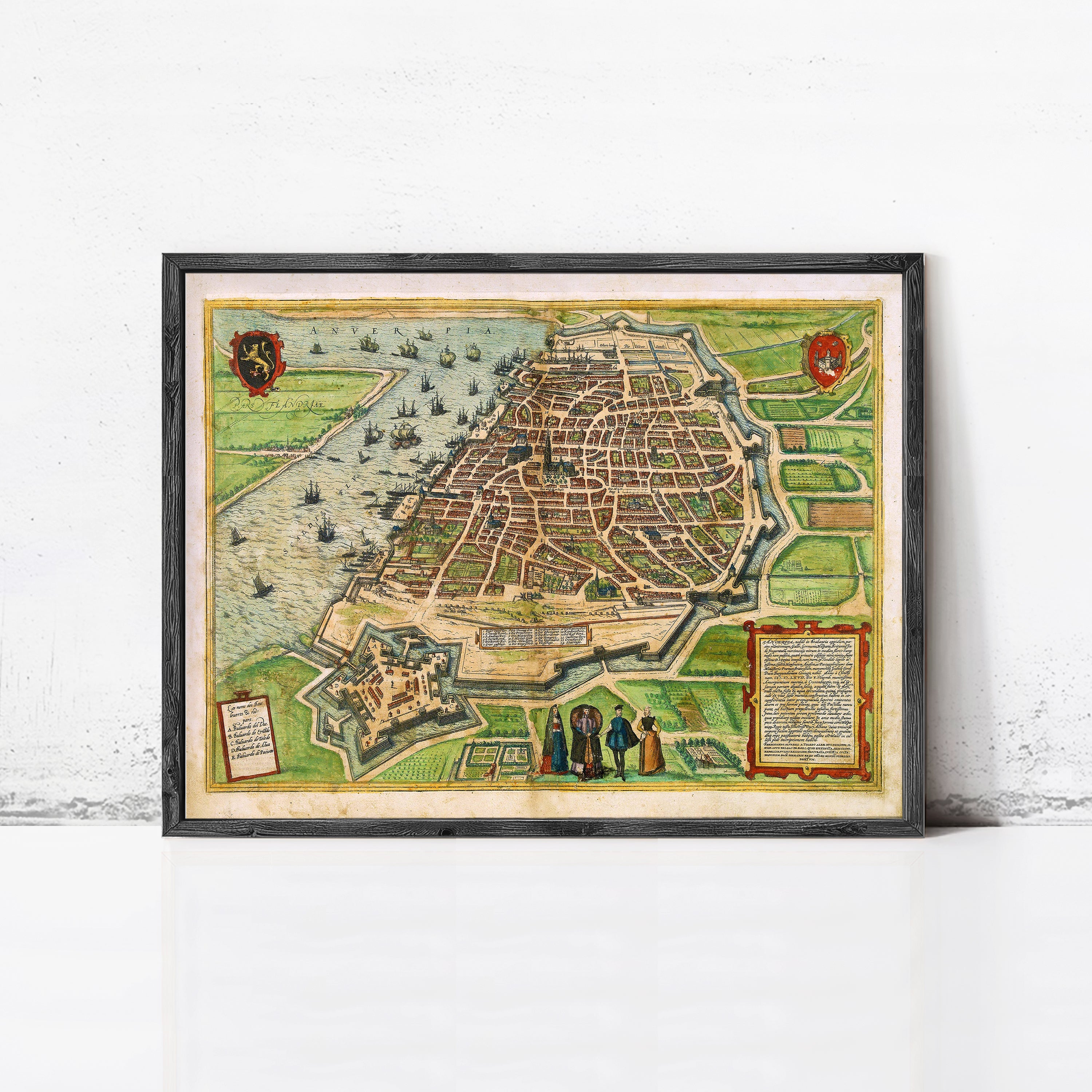 The image is a framed vintage map of a city, depicting a detailed layout of the streets, buildings, and surrounding landscape.