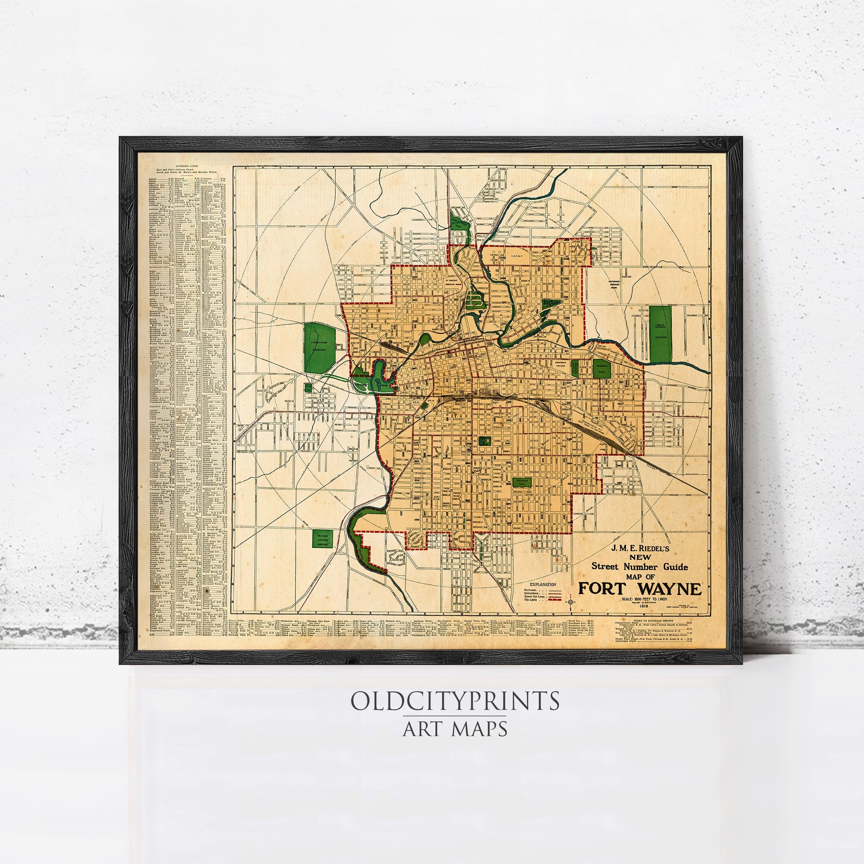 A framed map of the city of Fort Wayne, with a vintage style and a black border.