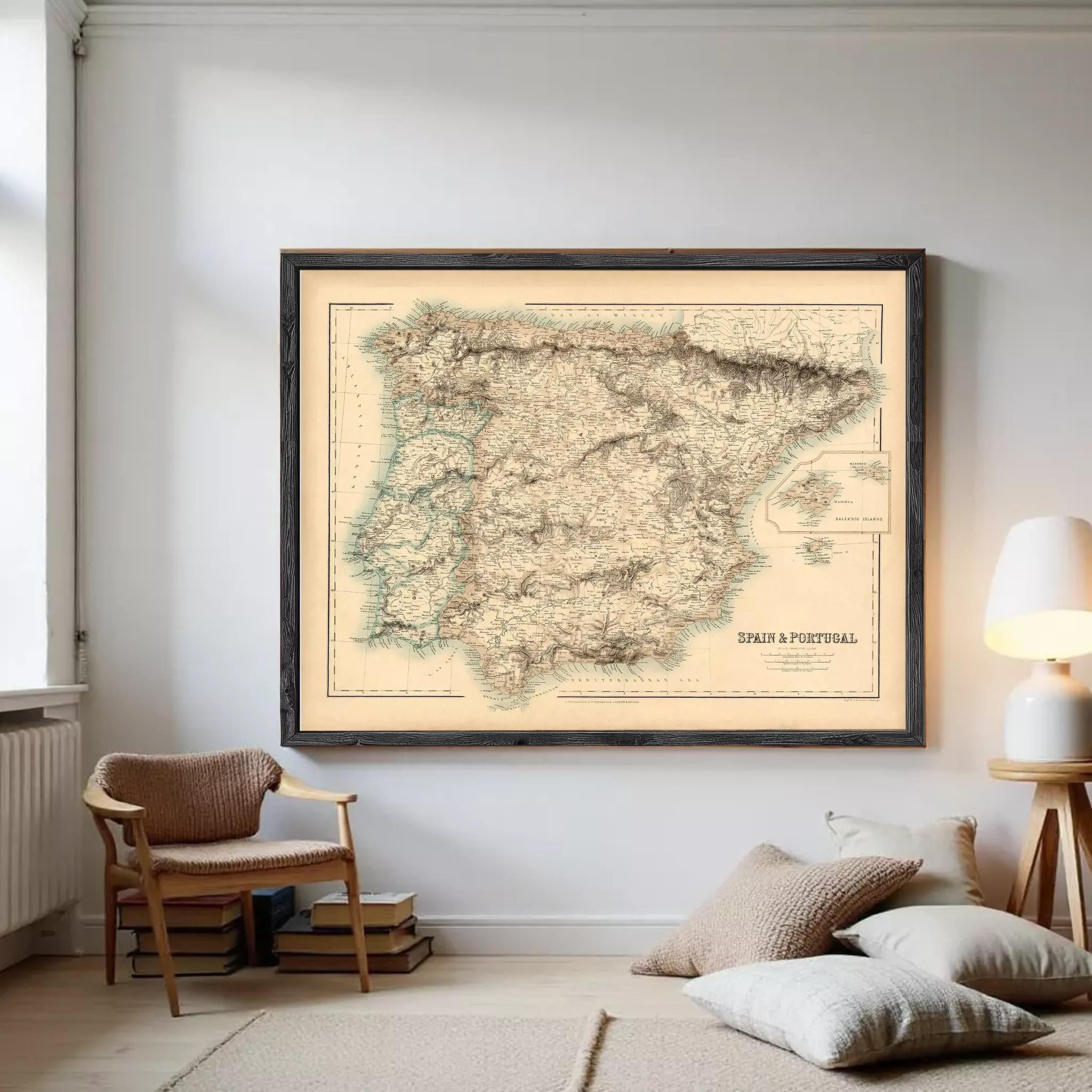 The image is a framed vintage map of Spain and Portugal, depicting the two countries in a detailed and intricate manner.