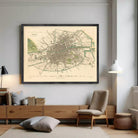 The image is a framed vintage map of Dublin, Ireland, depicting the city's layout and surrounding areas.
