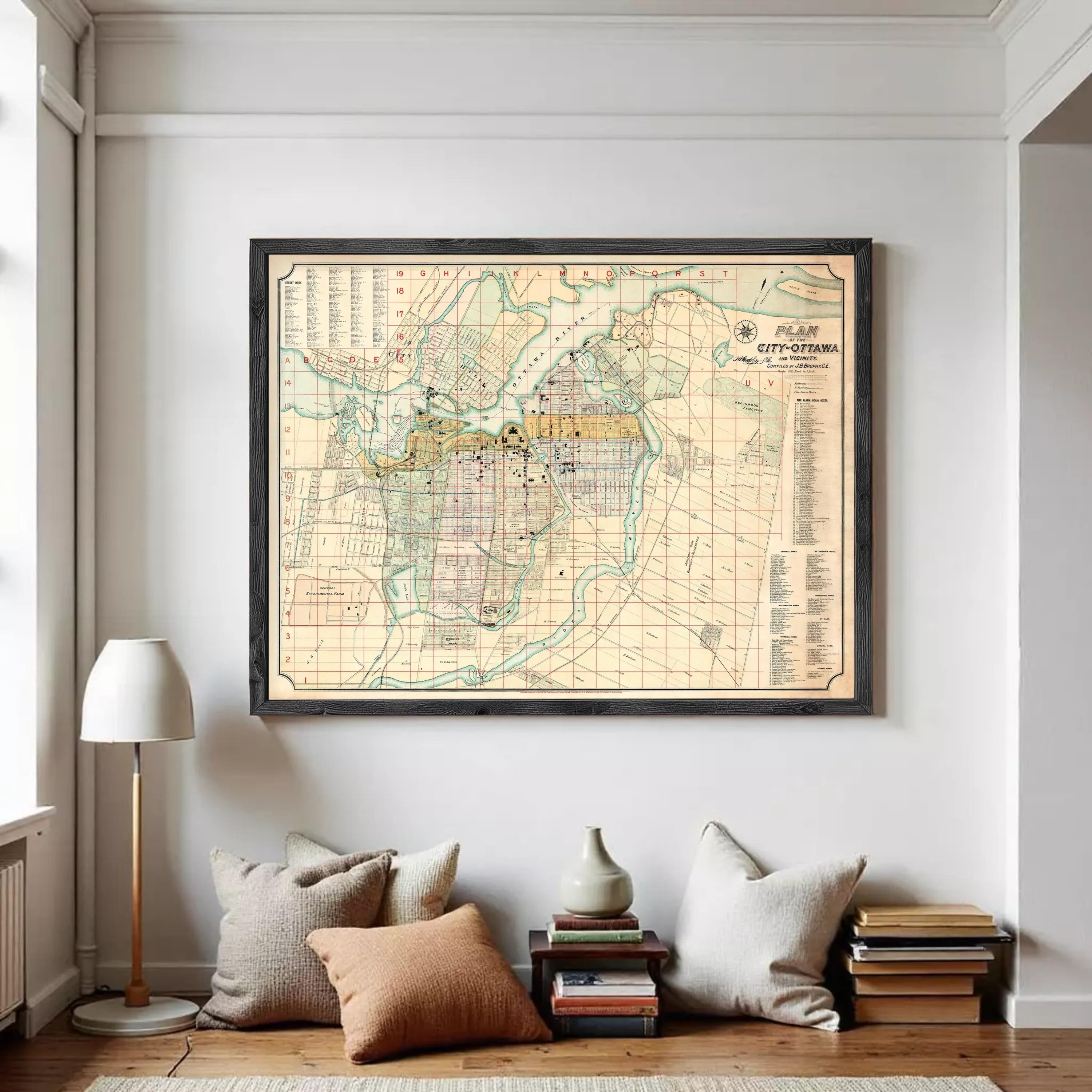 The image is a framed vintage map of a city, likely Ottawa, Canada, with detailed street and area labels.