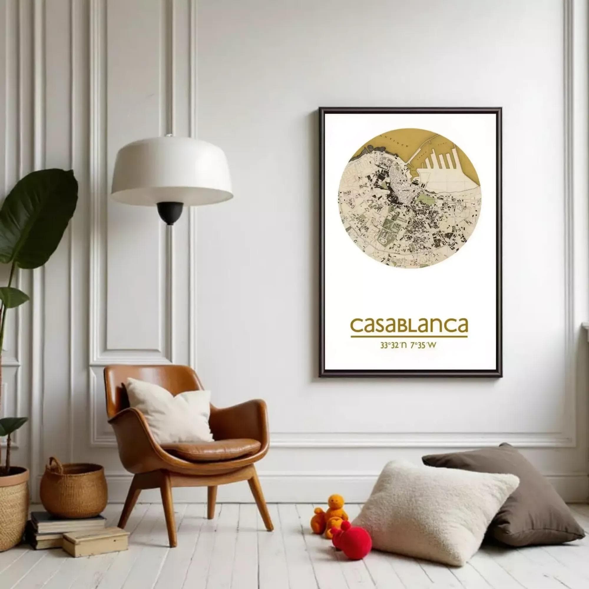 a cozy living room with a brown leather chair, a potted plant, and a framed poster of Casablanca, a city in Morocco.