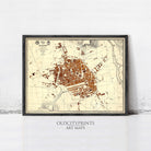 The image is a framed vintage map of a city, likely from the 19th century, with a detailed and intricate layout of streets, buildings, and other urban features.