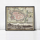 The image is a framed vintage map of Turin, Italy, depicting the city's layout and surrounding areas.