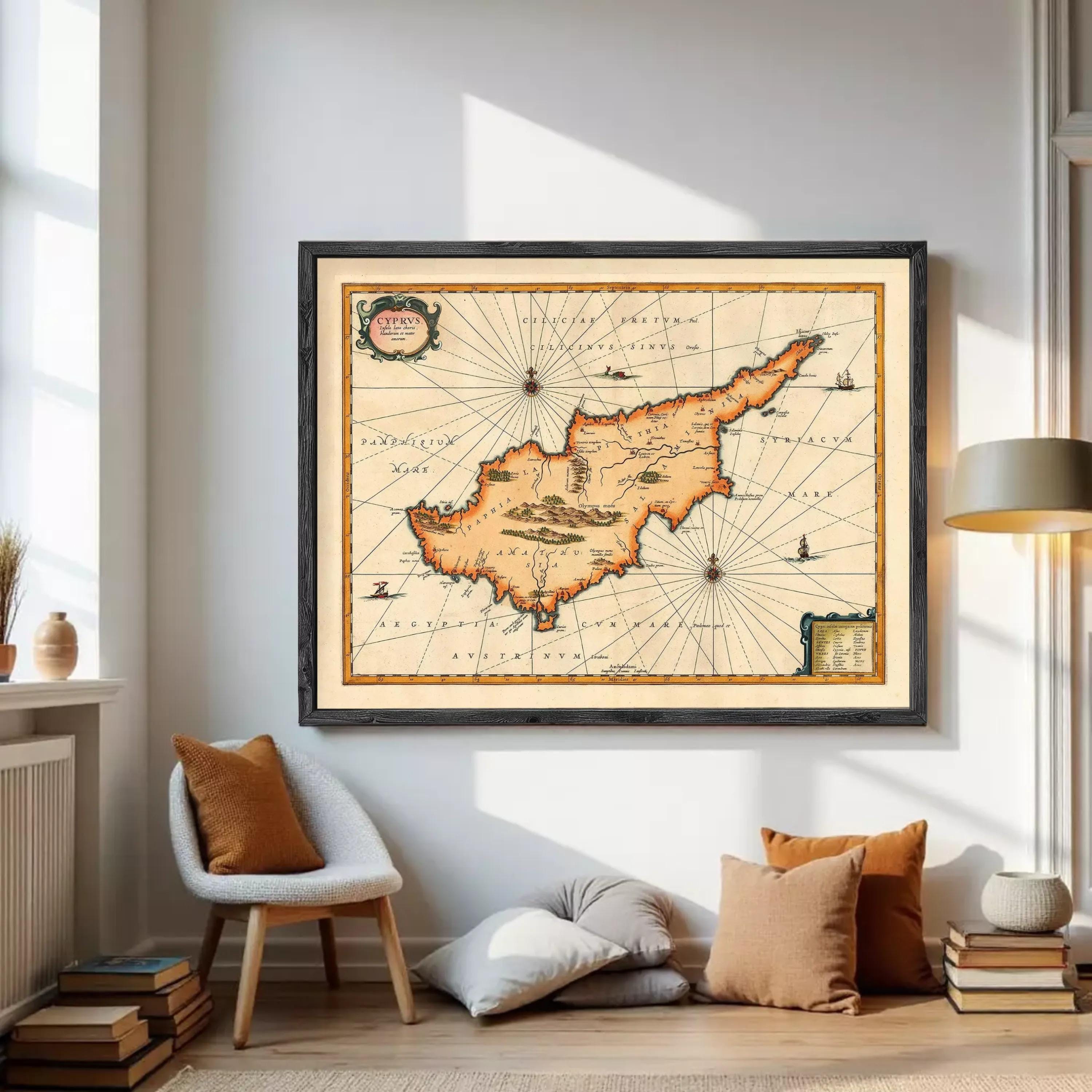 The image is a framed vintage map of the island of Cyprus, depicting the country's geographical layout and surrounding areas.