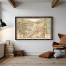 A framed map of the world, depicting the eastern half of Europe, Asia, and the Middle East, with a vintage style.