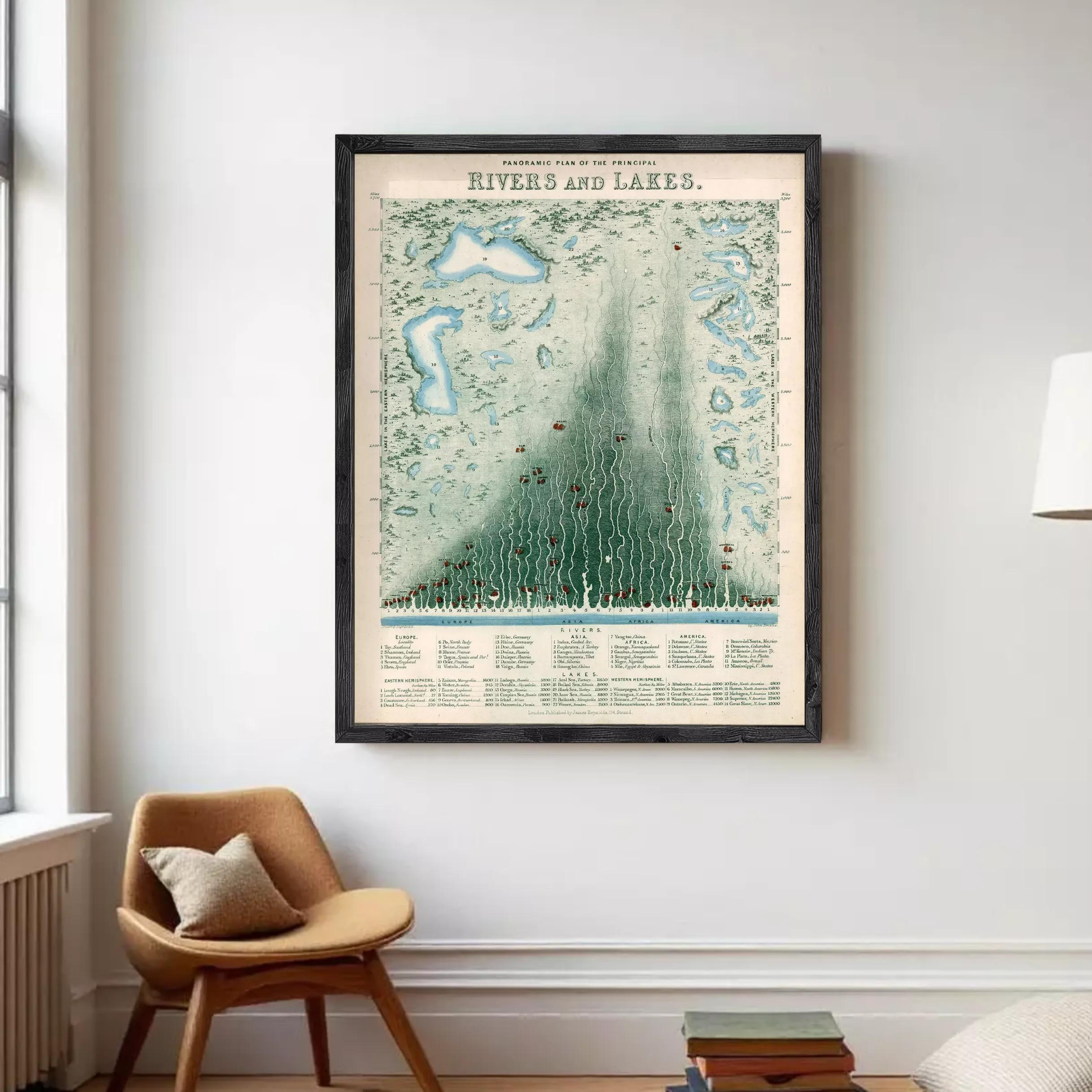 The image is a framed vintage map of rivers and lakes, depicting various bodies of water and their geographical locations.