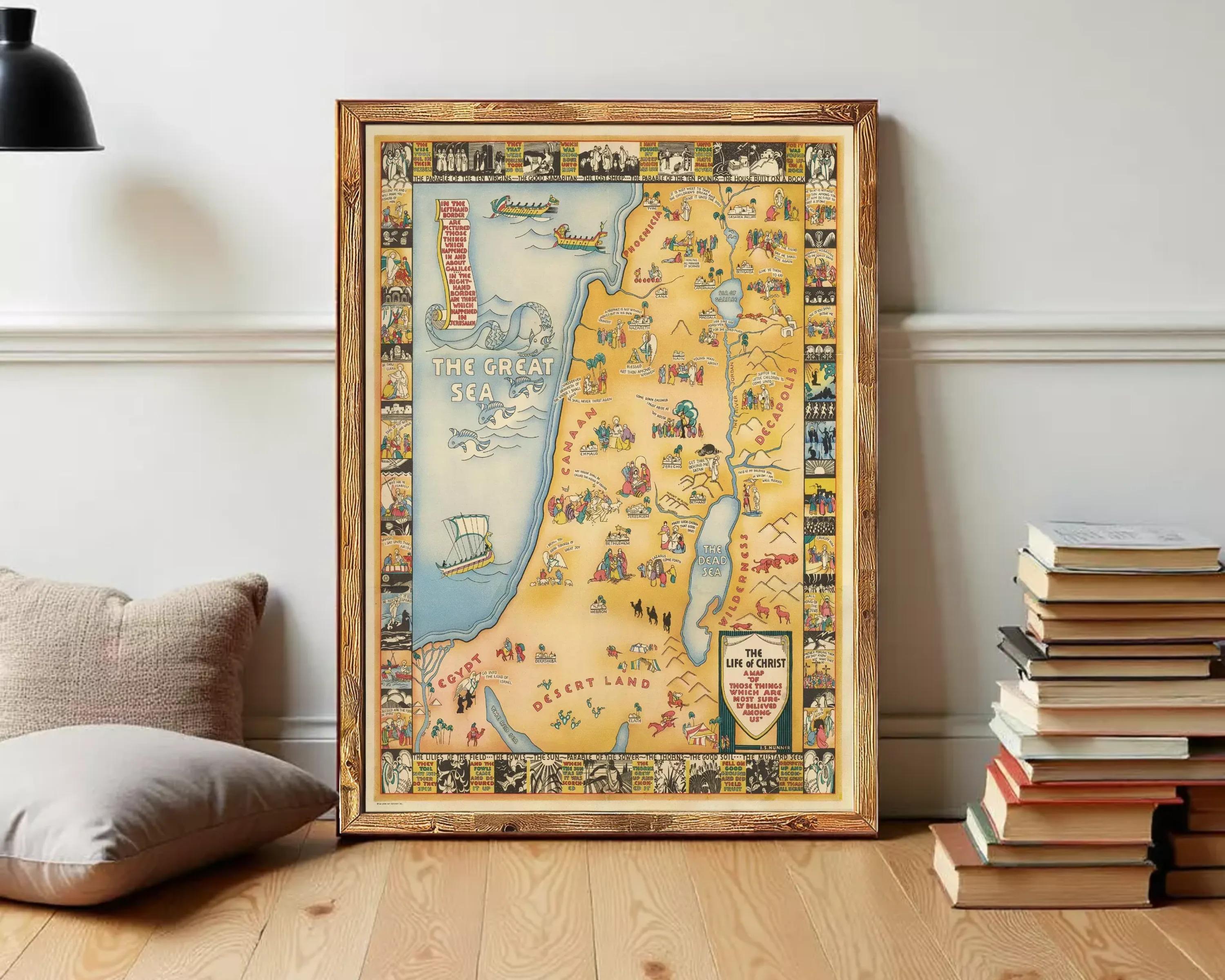 The image is a framed map of the Middle East, depicting various landmarks, countries, and regions within the region.