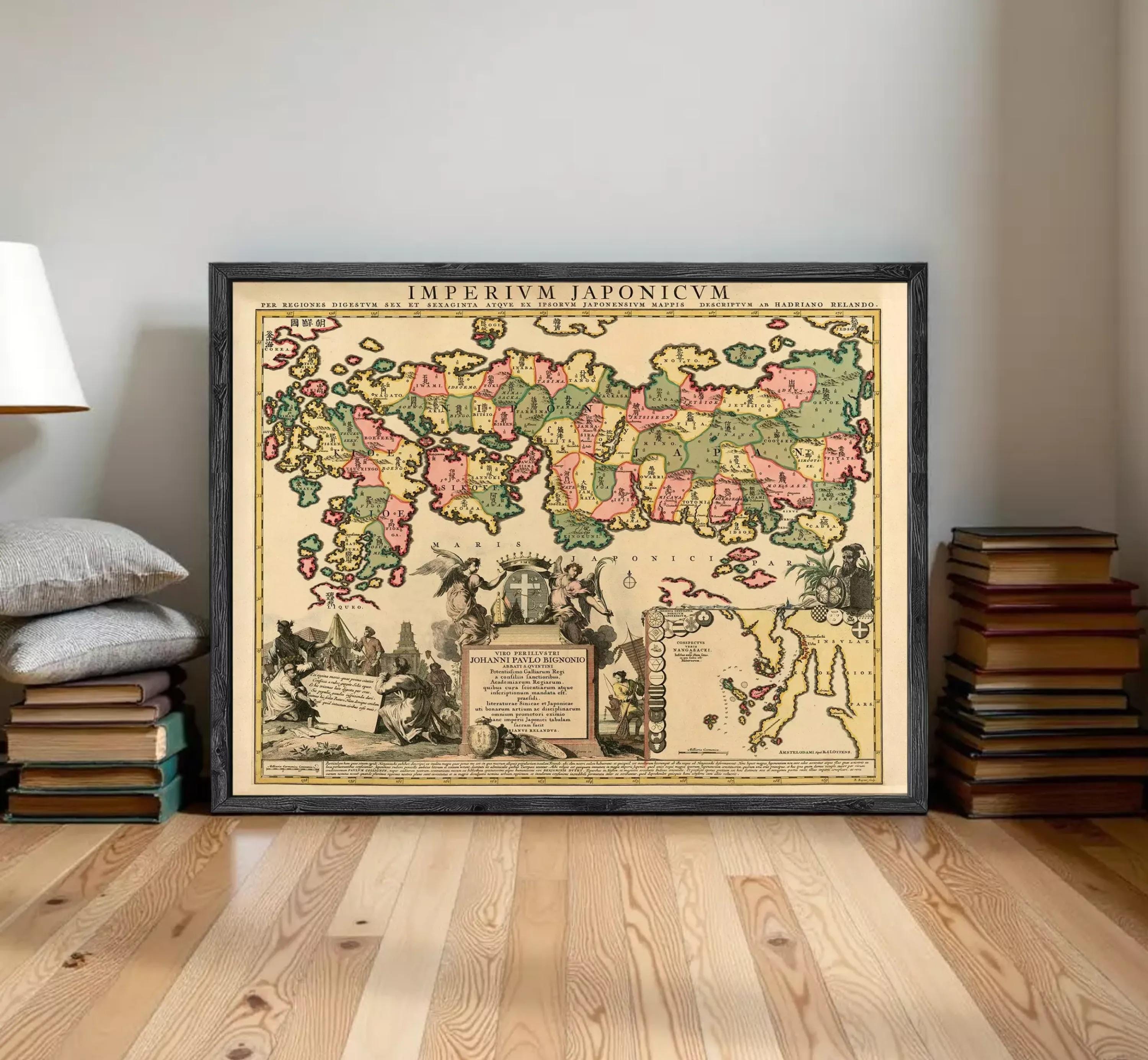 The image is a framed vintage map of the world, depicting various regions and countries with different colors and symbols.