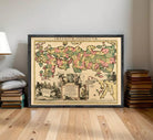 The image is a framed vintage map of the world, depicting various regions and countries with different colors and symbols.