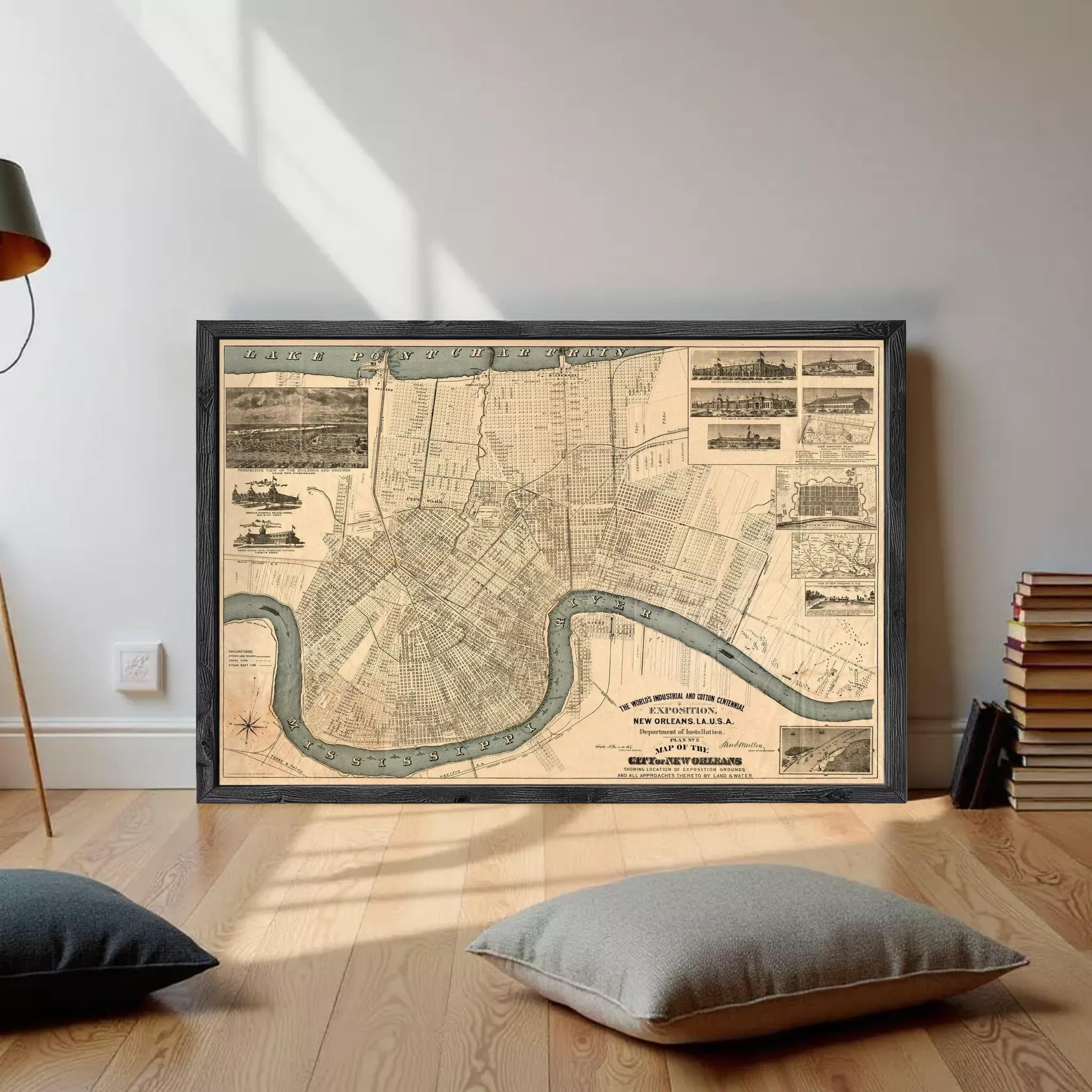 The image is a framed vintage map of a city, likely New Orleans, Louisiana, with a river running through the center.