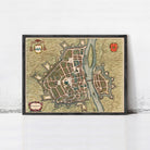 The image is a framed vintage map of a city, likely from the 16th century, depicting a detailed layout of the city with streets, buildings, and other landmarks.