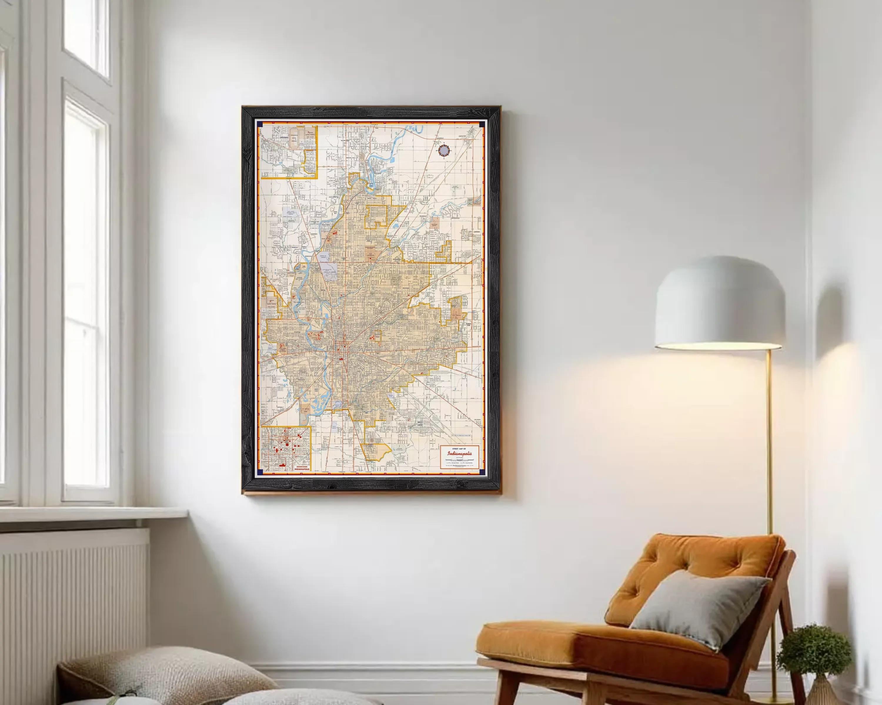 The image is a framed map of a city, likely showing the layout of streets, neighborhoods, and other geographic features.