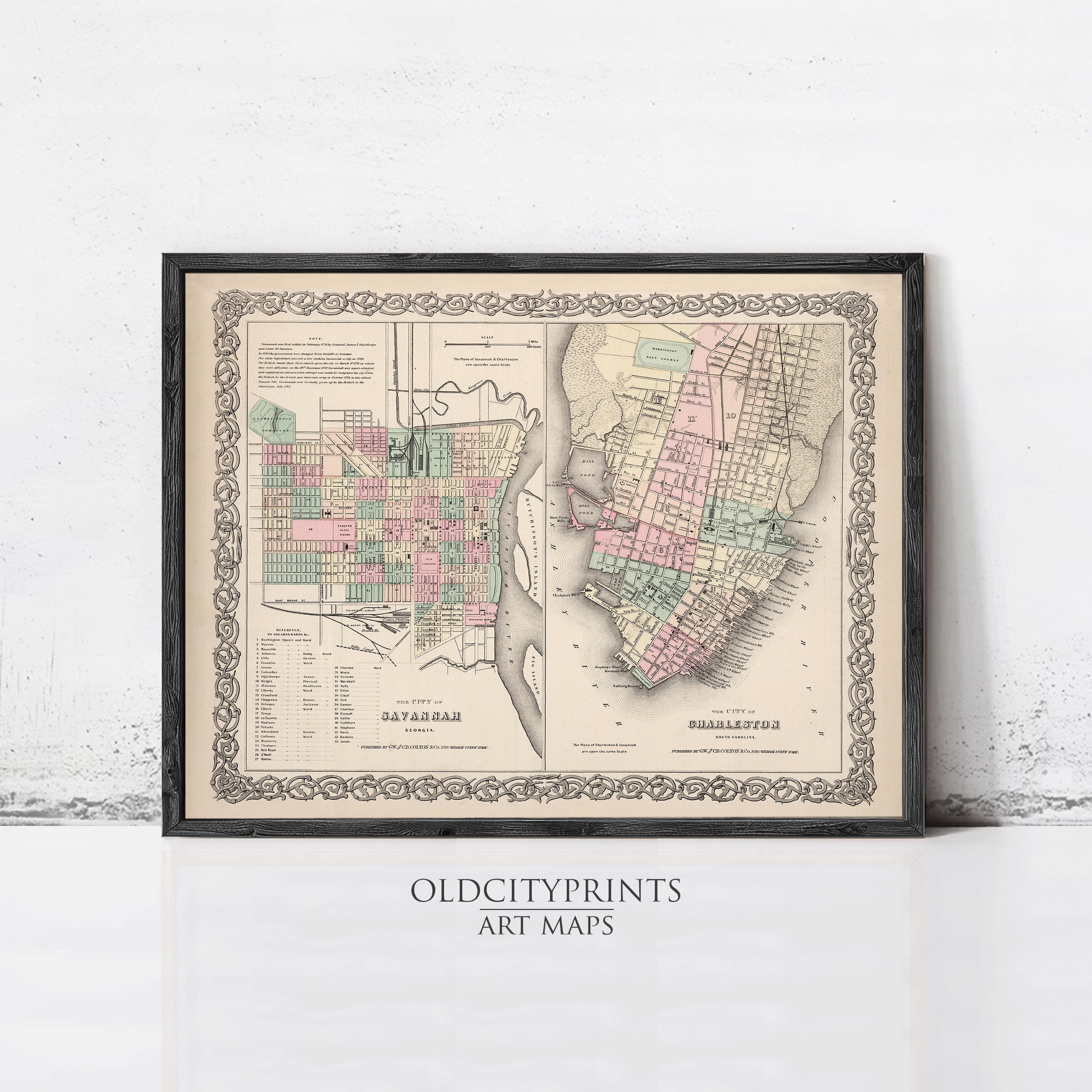 The image is a framed vintage map of New York City, depicting the city's layout and surrounding areas.