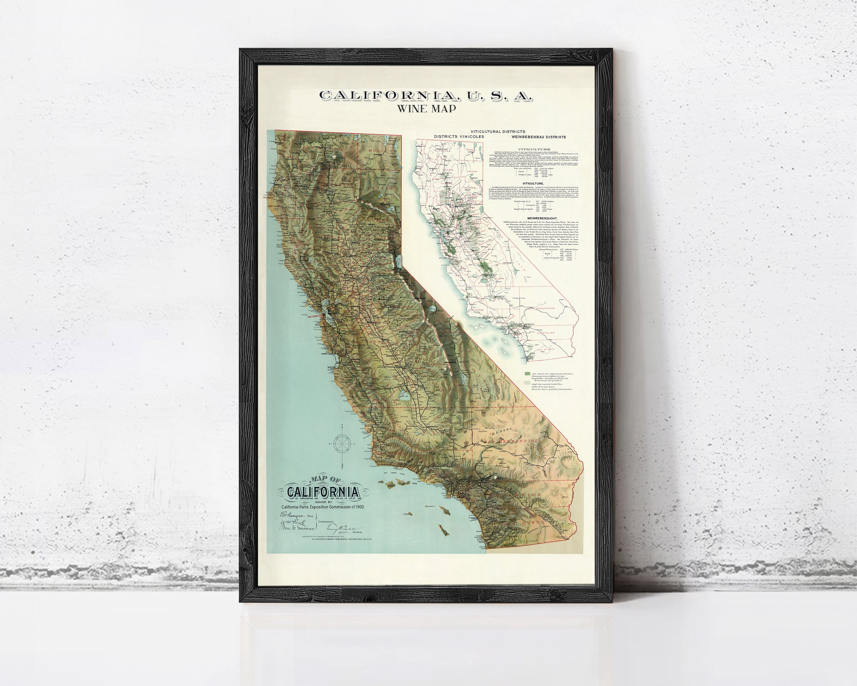 The image is a framed vintage map of California, United States, depicting the state's geographical layout and wine production areas.