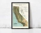 The image is a framed vintage map of California, United States, depicting the state's geographical layout and wine production areas.