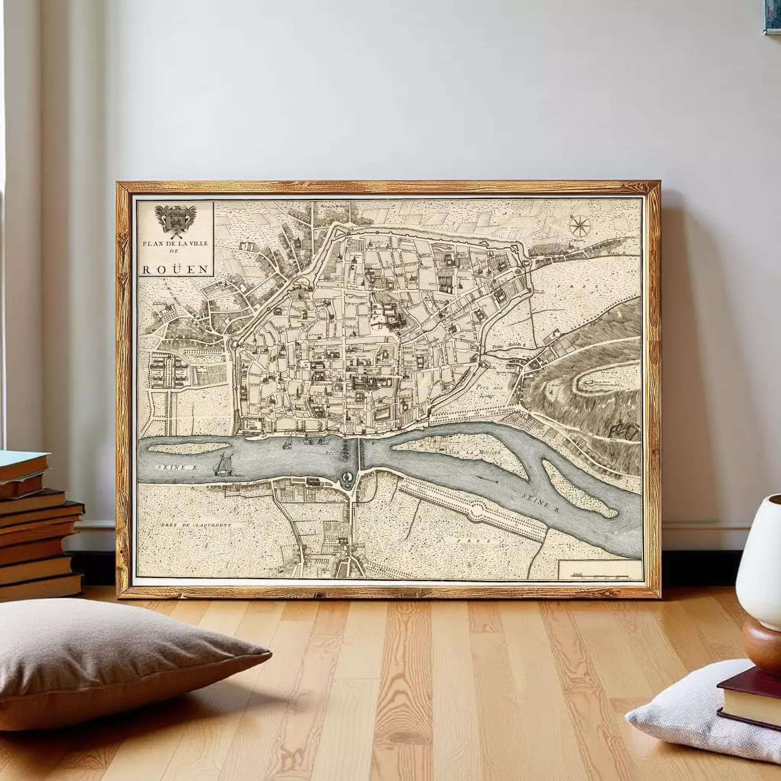 The image is a framed vintage map of the city of Roen, Netherlands, depicting the city's layout and surrounding areas.