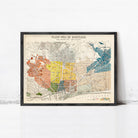 The image is a framed vintage map of Barcelona, Spain, depicting the city's streets and neighborhoods in a colorful and detailed manner.