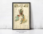 The image is a framed vintage geological map of the United Kingdom, featuring detailed illustrations and labels.