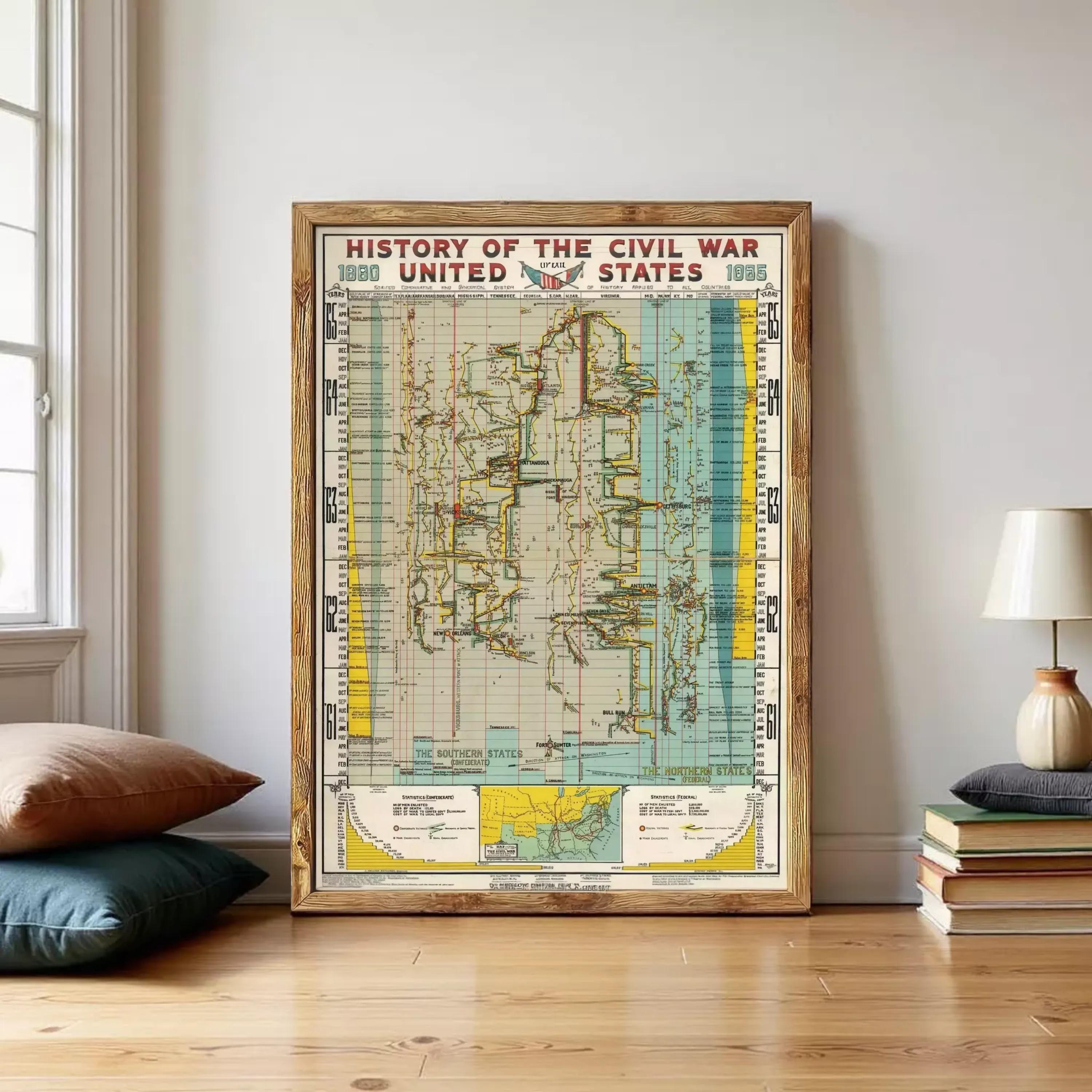 a framed map of the United States from the year 1900, depicting the history of the Civil War in the United States.