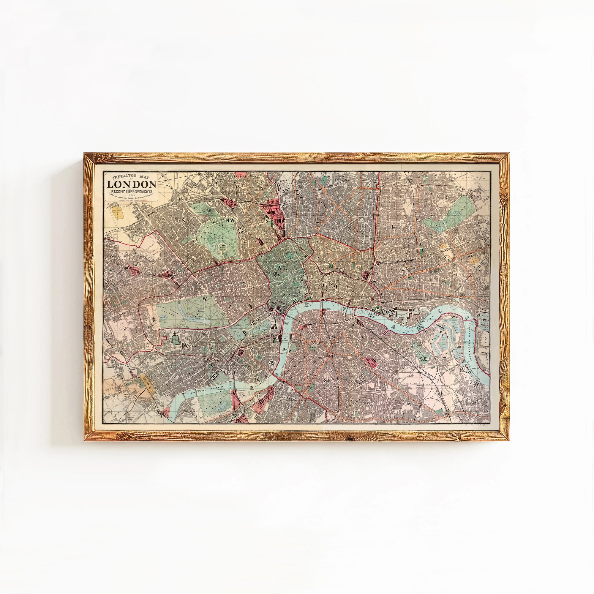 The image is a framed map of London, England, depicting the city's streets, landmarks, and other geographical features.