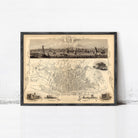 The image is a framed vintage map of Liverpool, featuring a detailed illustration of the city's layout and surrounding areas.
