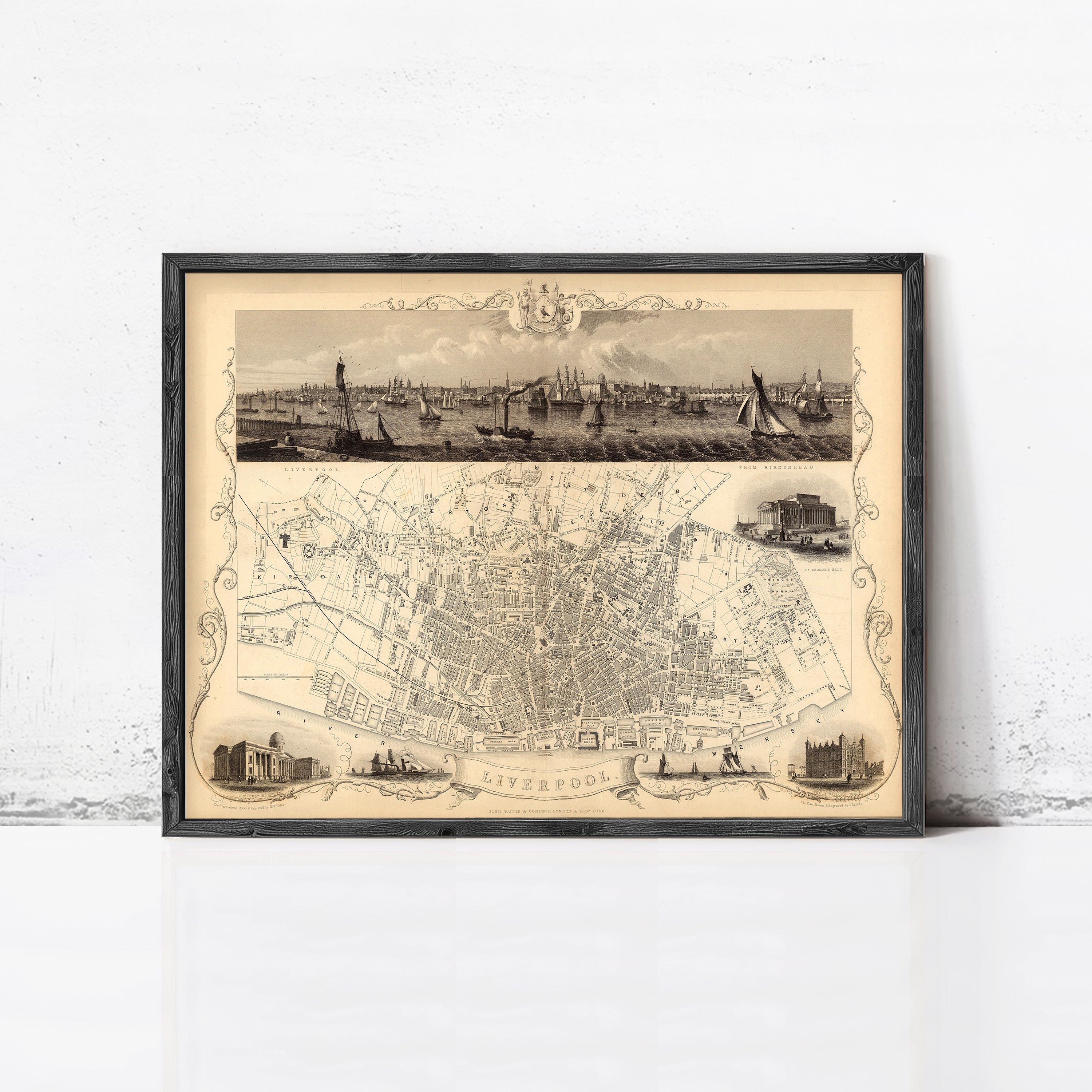 The image is a framed vintage map of Liverpool, featuring a detailed illustration of the city's layout and surrounding areas.