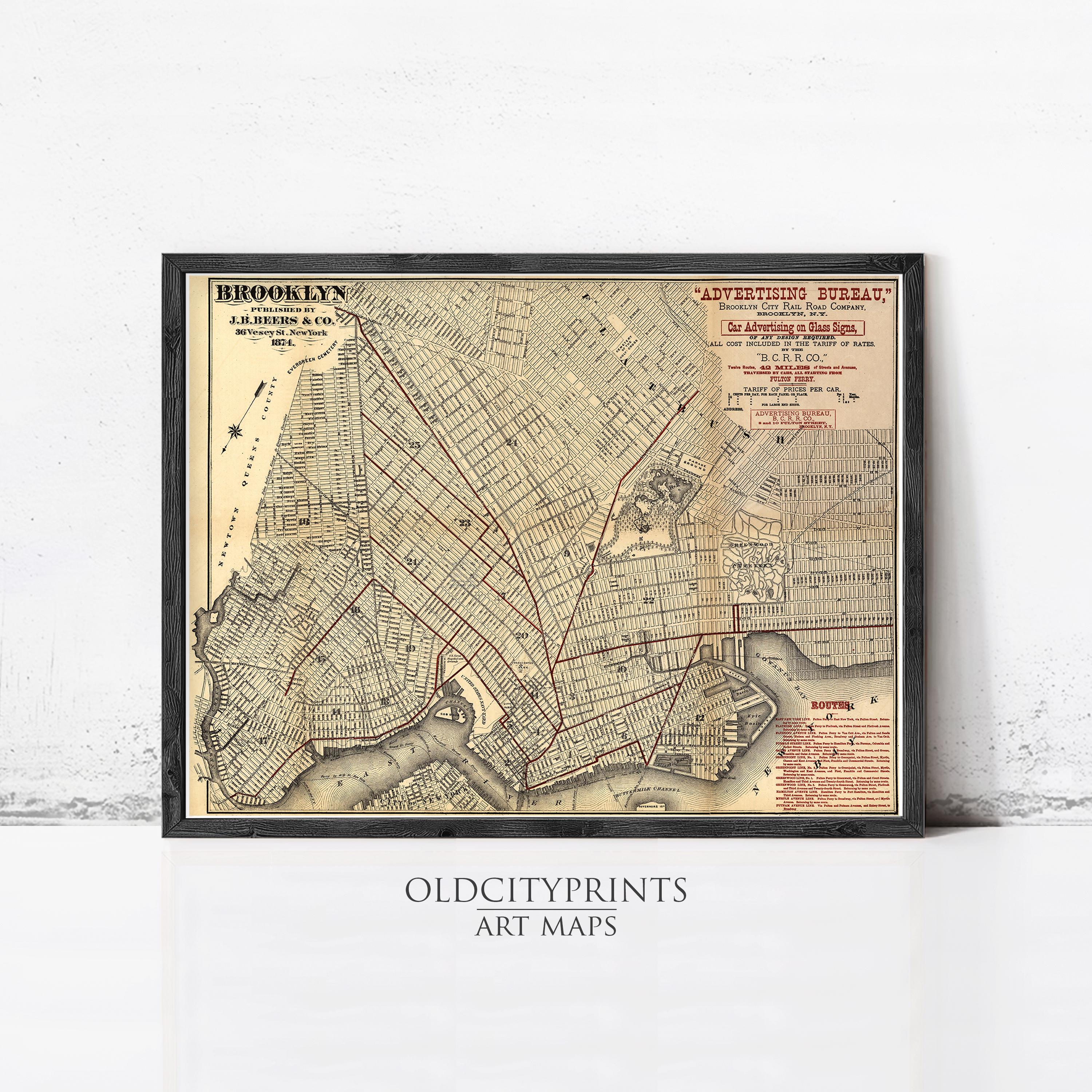 The image is a framed vintage map of Brooklyn, New York, depicting the city's streets and neighborhoods.