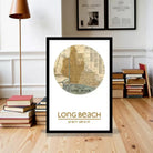 A framed map of Long Beach, California, with a vintage-style illustration of the city's layout.