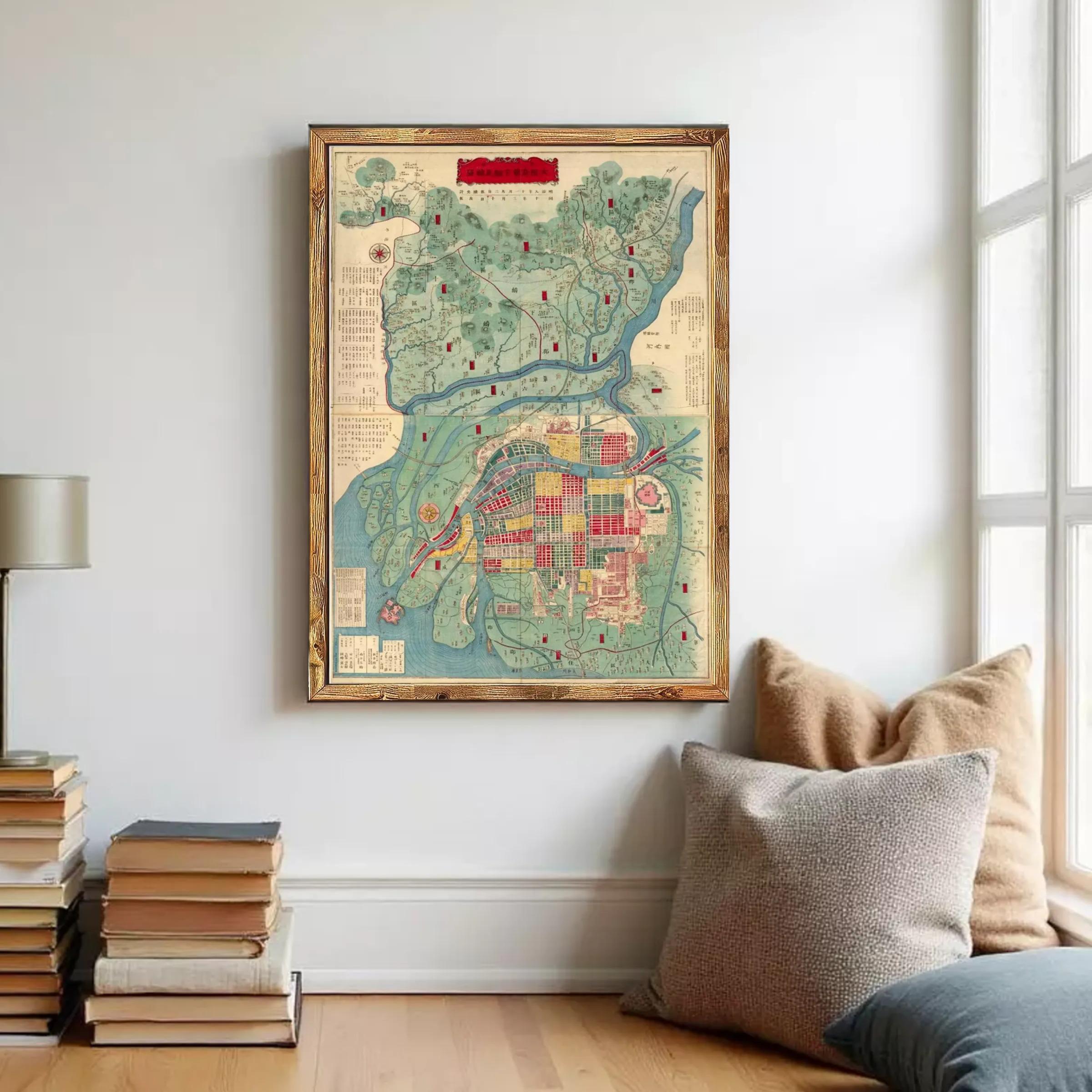The image is a framed map of a city, likely from the 19th century, with various colored areas representing different regions or zones within the city.
