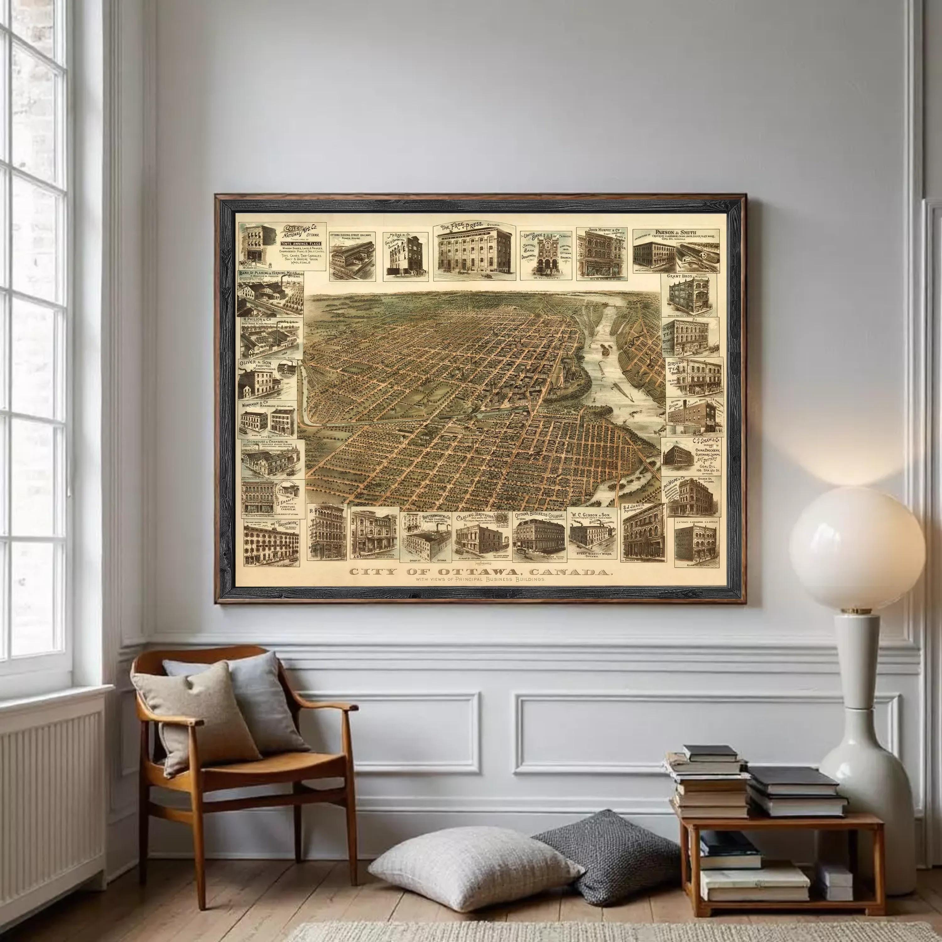 The image is a framed map of the City of Ottawa, Canada, depicting various buildings and landmarks within the city.