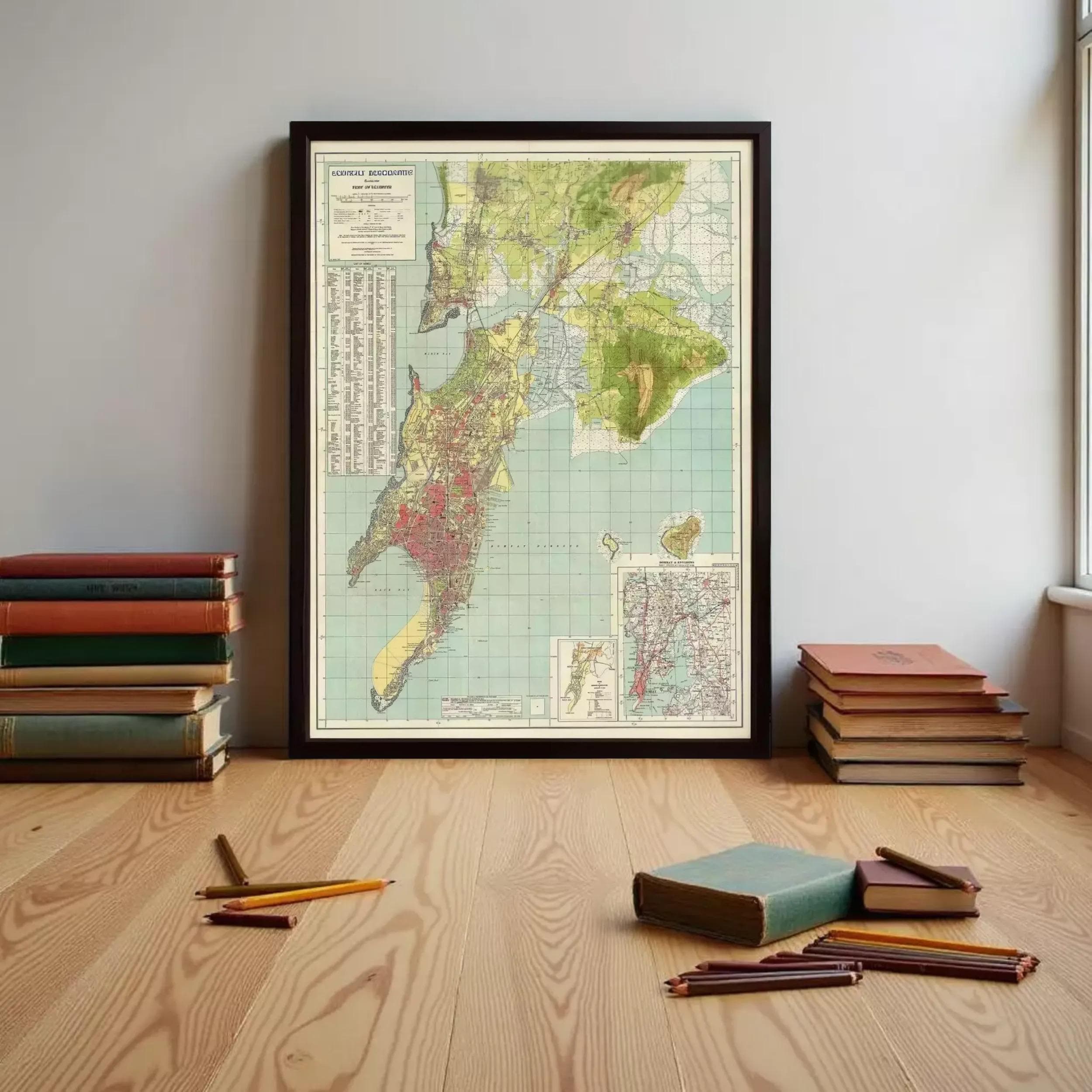 a large framed map of South America, surrounded by a variety of books and stationery items on a wooden floor.