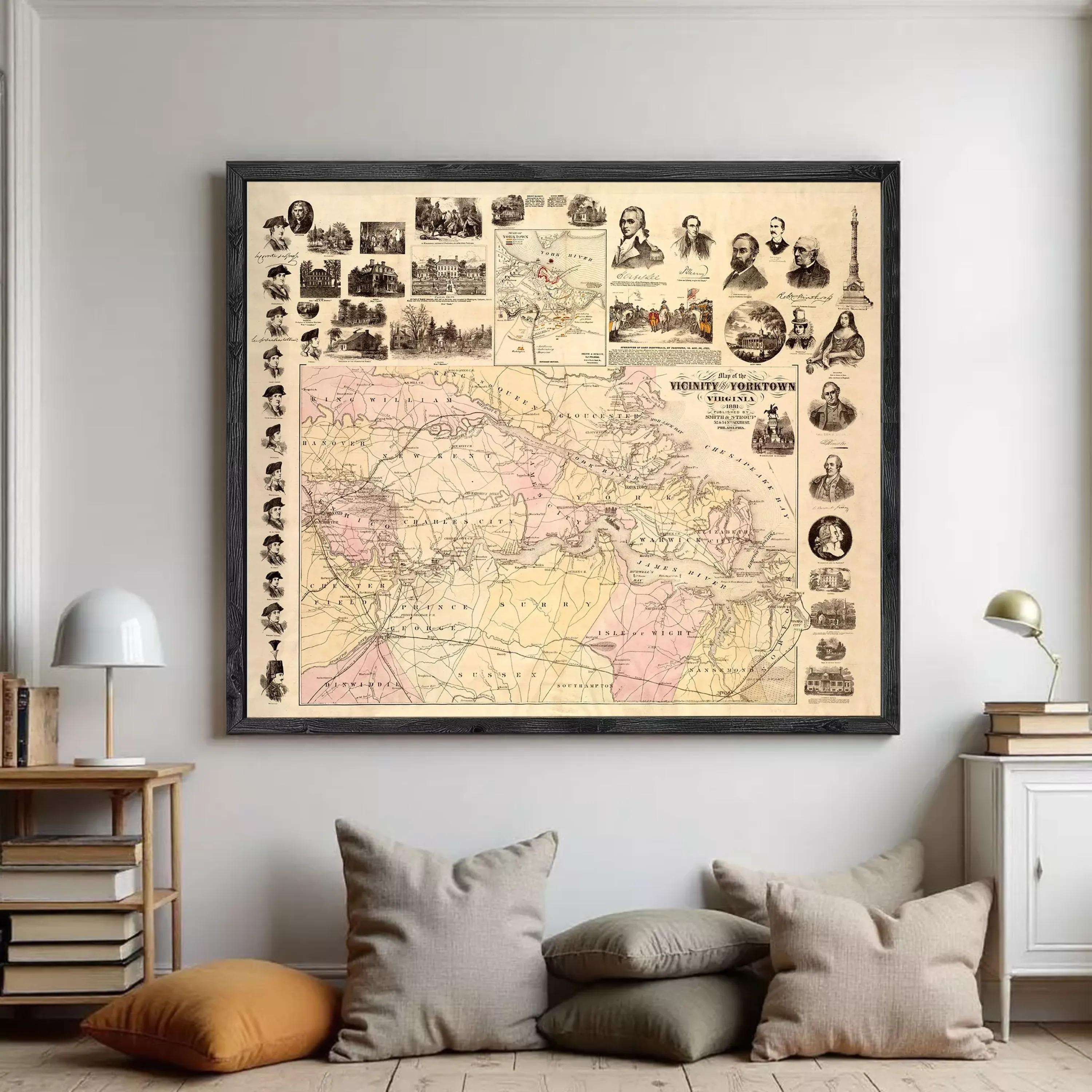 The image is a framed vintage map of the United States, featuring various landmarks and locations.