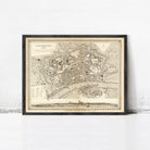The image is a framed antique map of Frankfurt, Germany, depicting the city's layout and surrounding areas.