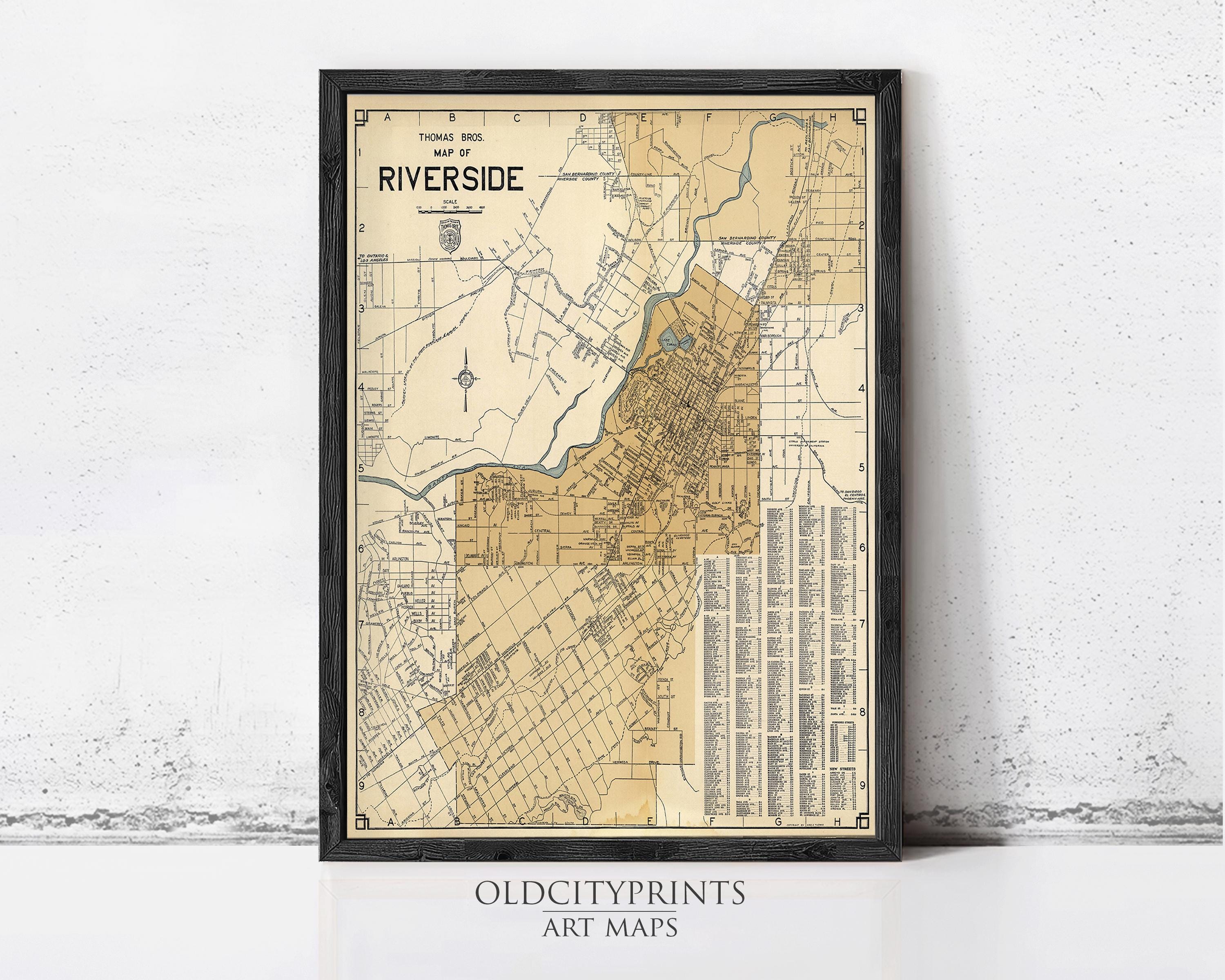 The image is a framed vintage map of Thomas Bros. Riverside, a neighborhood in Los Angeles, California.