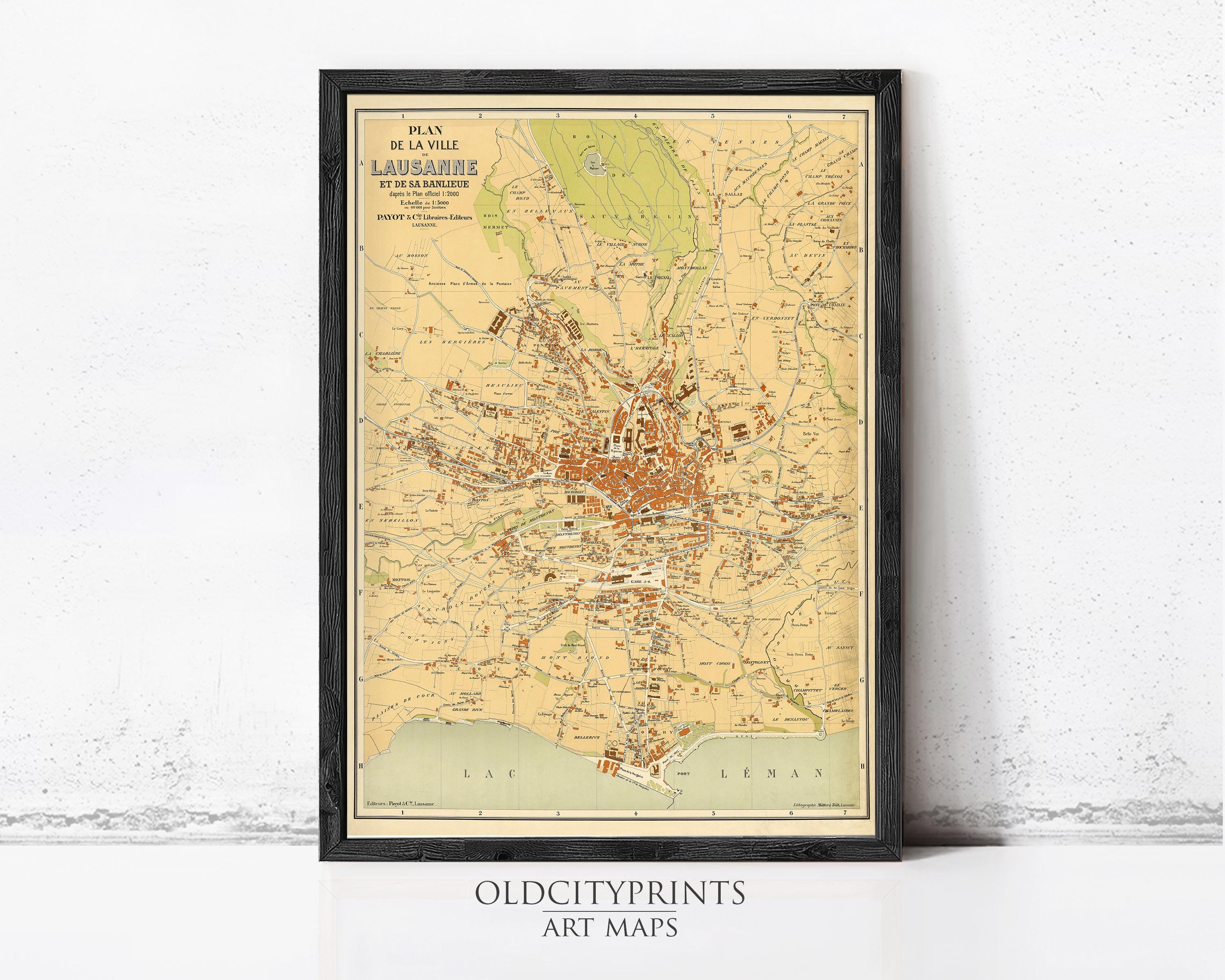 The image is a framed vintage map of the city of Paris, France, depicting the city's streets, landmarks, and surrounding areas.