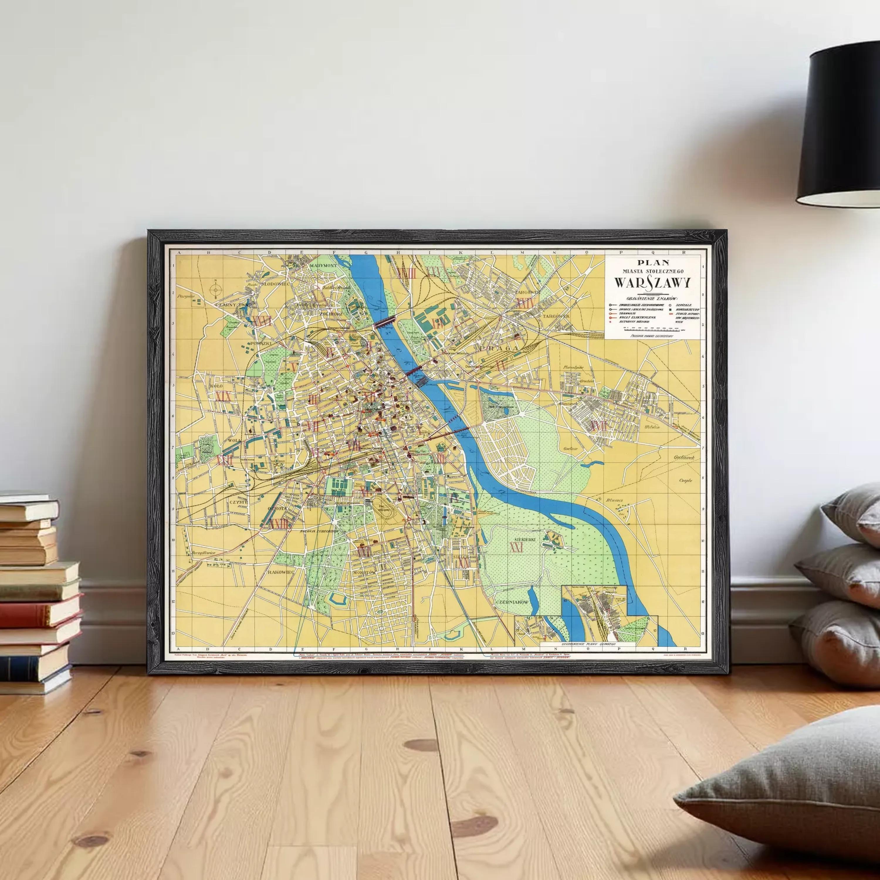 The image is a framed map of Warsaw, Poland, depicting the city's streets, landmarks, and surrounding areas.