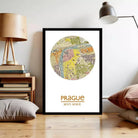 a framed map of Prague, Czech Republic, with the text "Prague" and "50° 5' 14" 5" e" below the map.