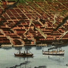 a cityscape with a river running through it, featuring a variety of boats and ships.