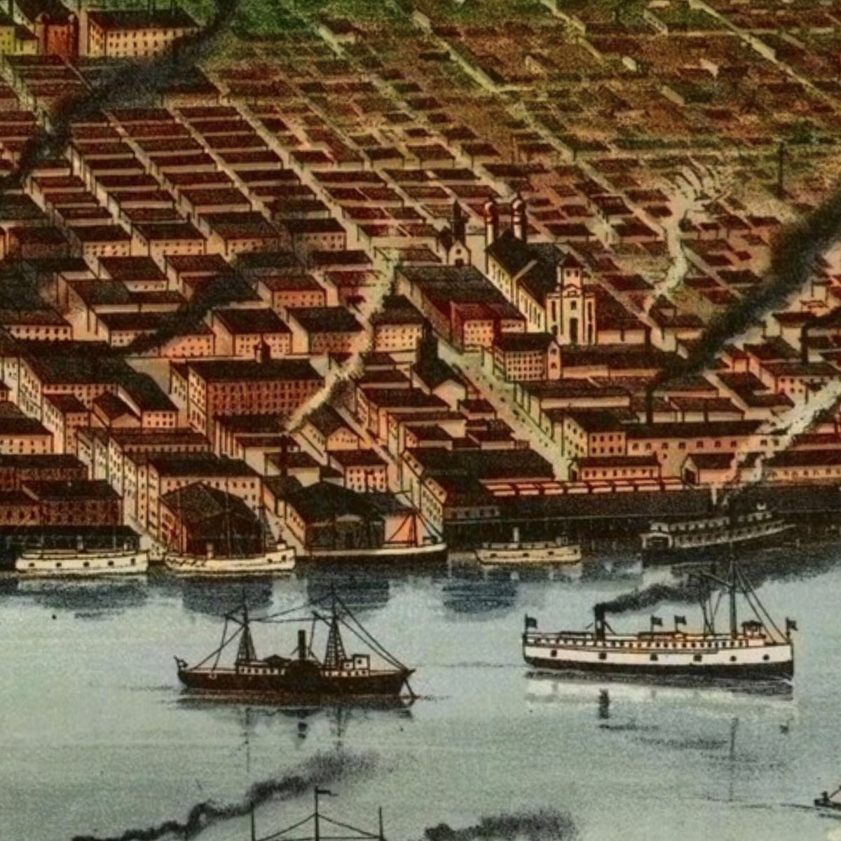 a cityscape with a river running through it, featuring a variety of boats and ships.