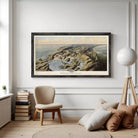 The image is a framed painting depicting a coastal landscape with mountains, water, and clouds in the background.