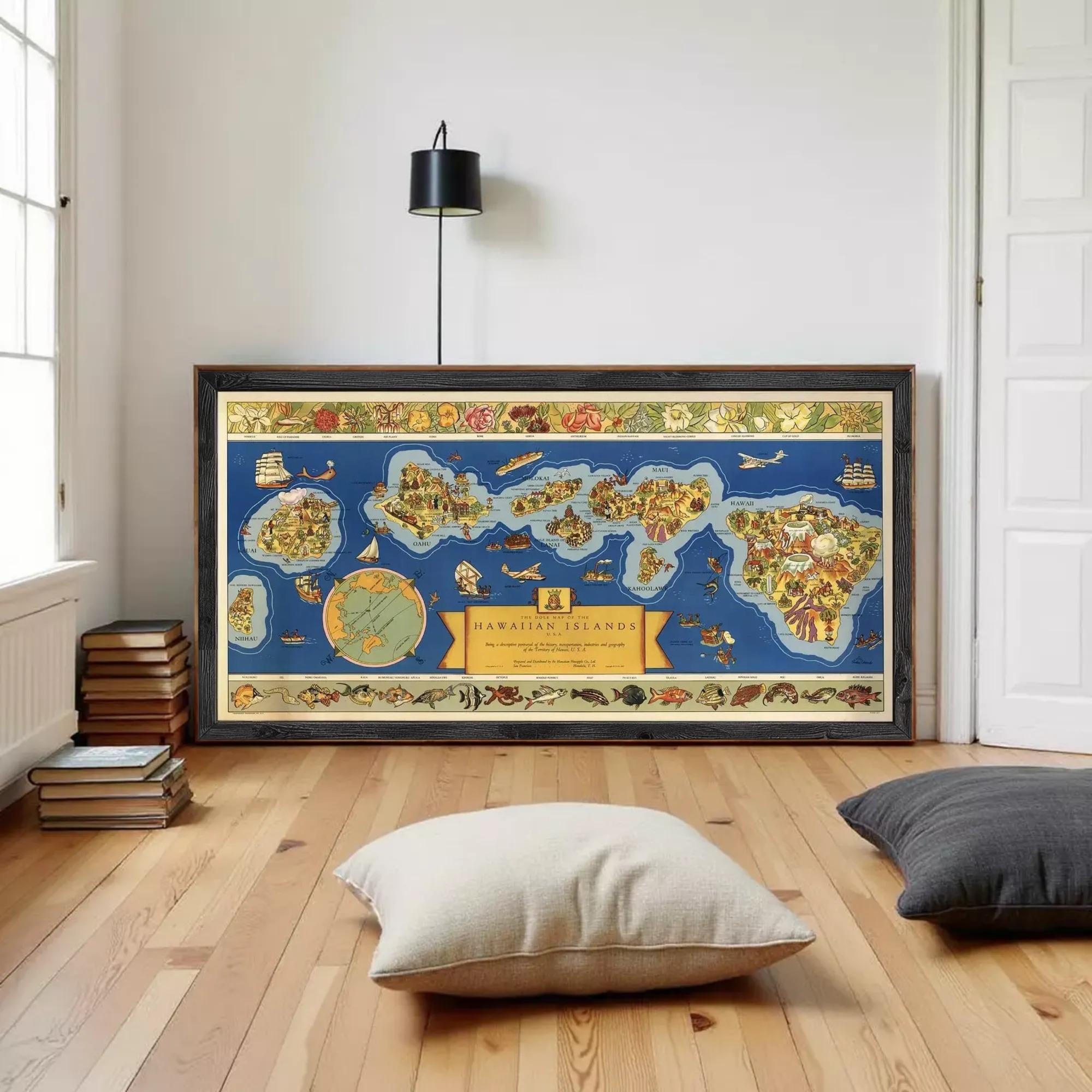 The image is a framed vintage map of the Hawaiian Islands, depicting various islands, landmarks, and marine life.