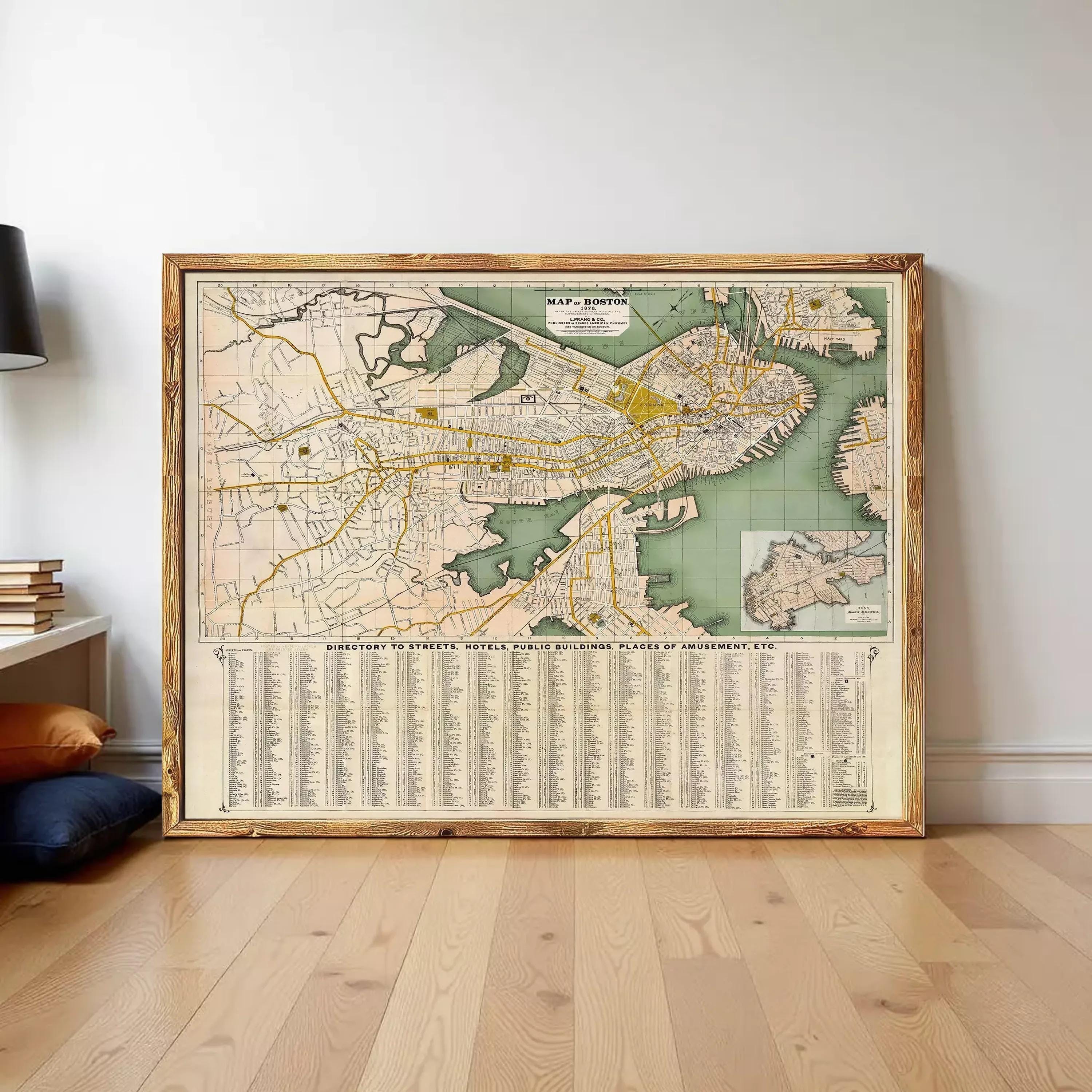 The image is a framed vintage map of Boston, Massachusetts, showing streets, landmarks, and a legend.