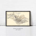 The image is a framed vintage map of a city, depicting the layout and streets of the area.