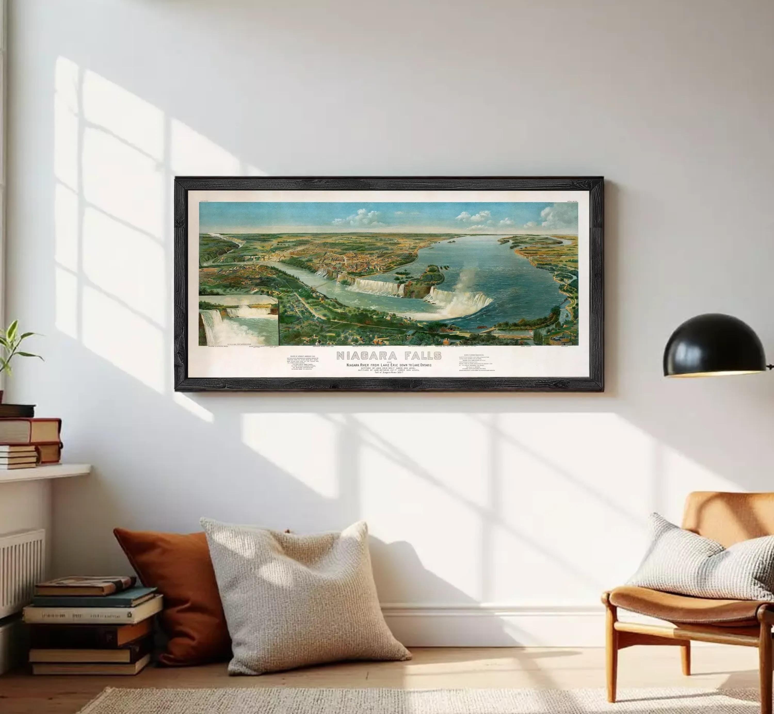 A framed vintage map of Niagara Falls, depicting the falls and surrounding landscape.