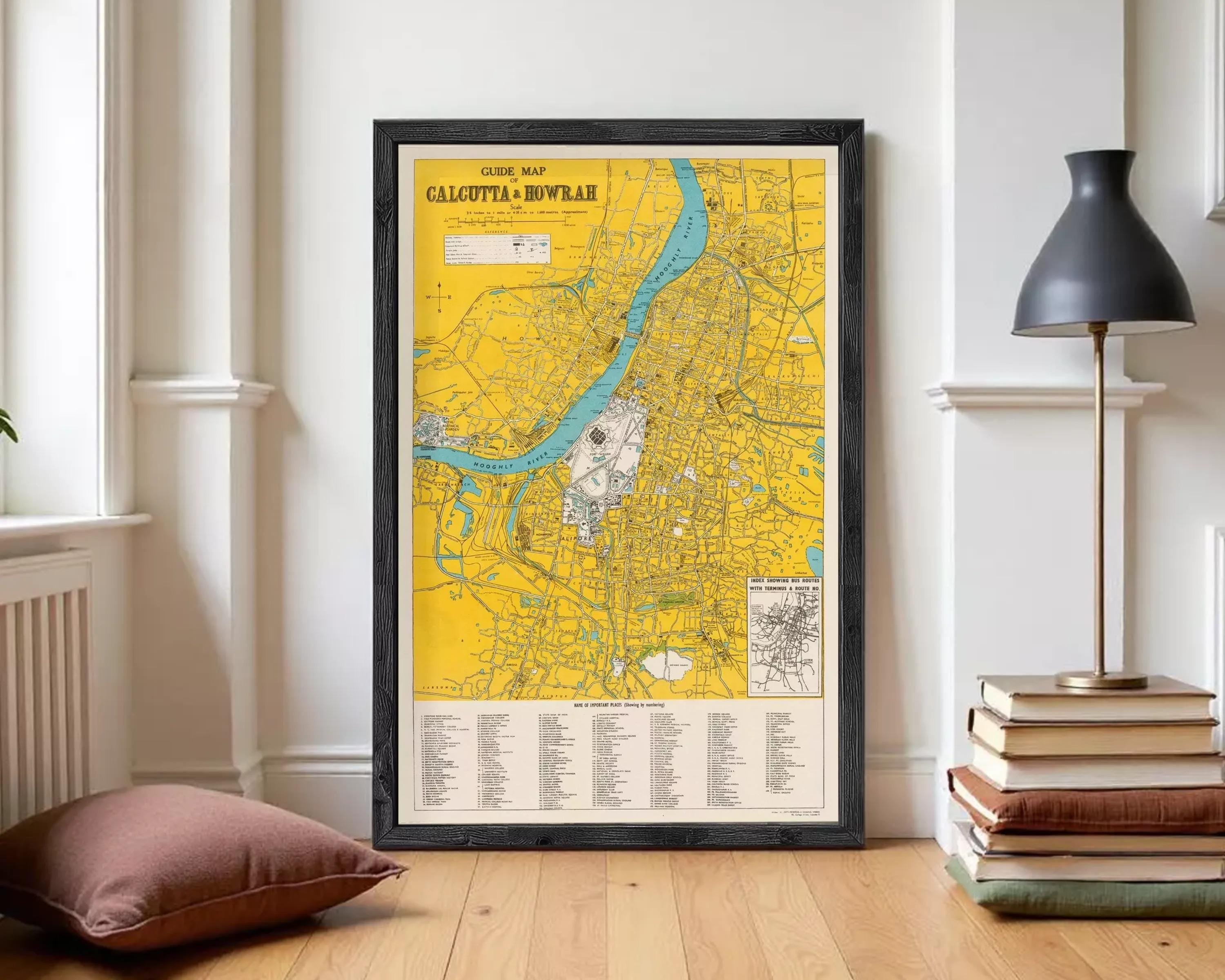 The image is a framed map of Calcutta, India, showing the city's streets, rivers, and other geographical features.